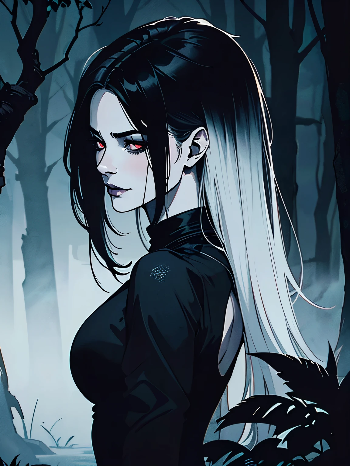 (best quality,4k,8k,highres,masterpiece:1.2),ultra-detailed,(realistic,photorealistic,photo-realistic:1.37),goth korean girl, gothic,1woman,dark forest,red eyes,dark ambient,low saturation,anime style,pale skin,long flowing hair,gothic clothing,silhouette,surreal background,mysterious atmosphere,intense emotions,melancholic expression,lens flare,dramatic shadows,symbolic elements,heavy makeup,pale and dark colors,misty fog,ethereal beauty,subtle texture, dark makeup, back shot , full body, wicked smile
