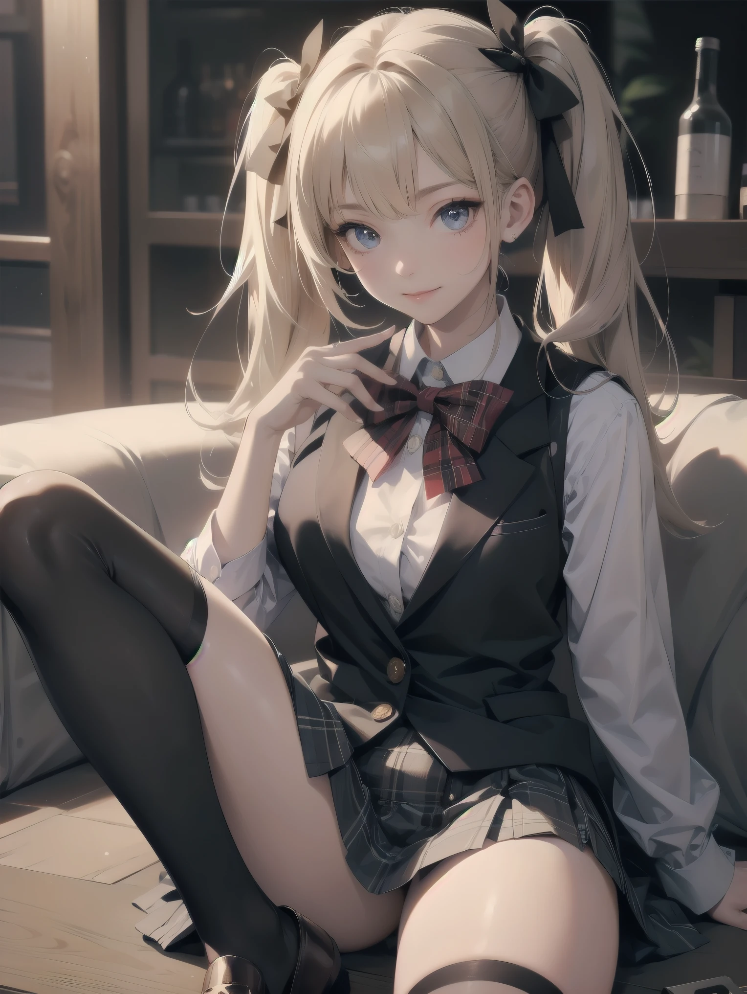 absurdres, absolutely resolution, incredibly absurdres, highres, ultra detailed, official art, unity 8k wallpaper,
BREAK
1 girl, soro, twintails, bow, cardigan vest, short sleeve shirt, plaid skirt, over black legwear, loafers, smile, Sexual girl, seducing men, colourful, bewitching eyes,