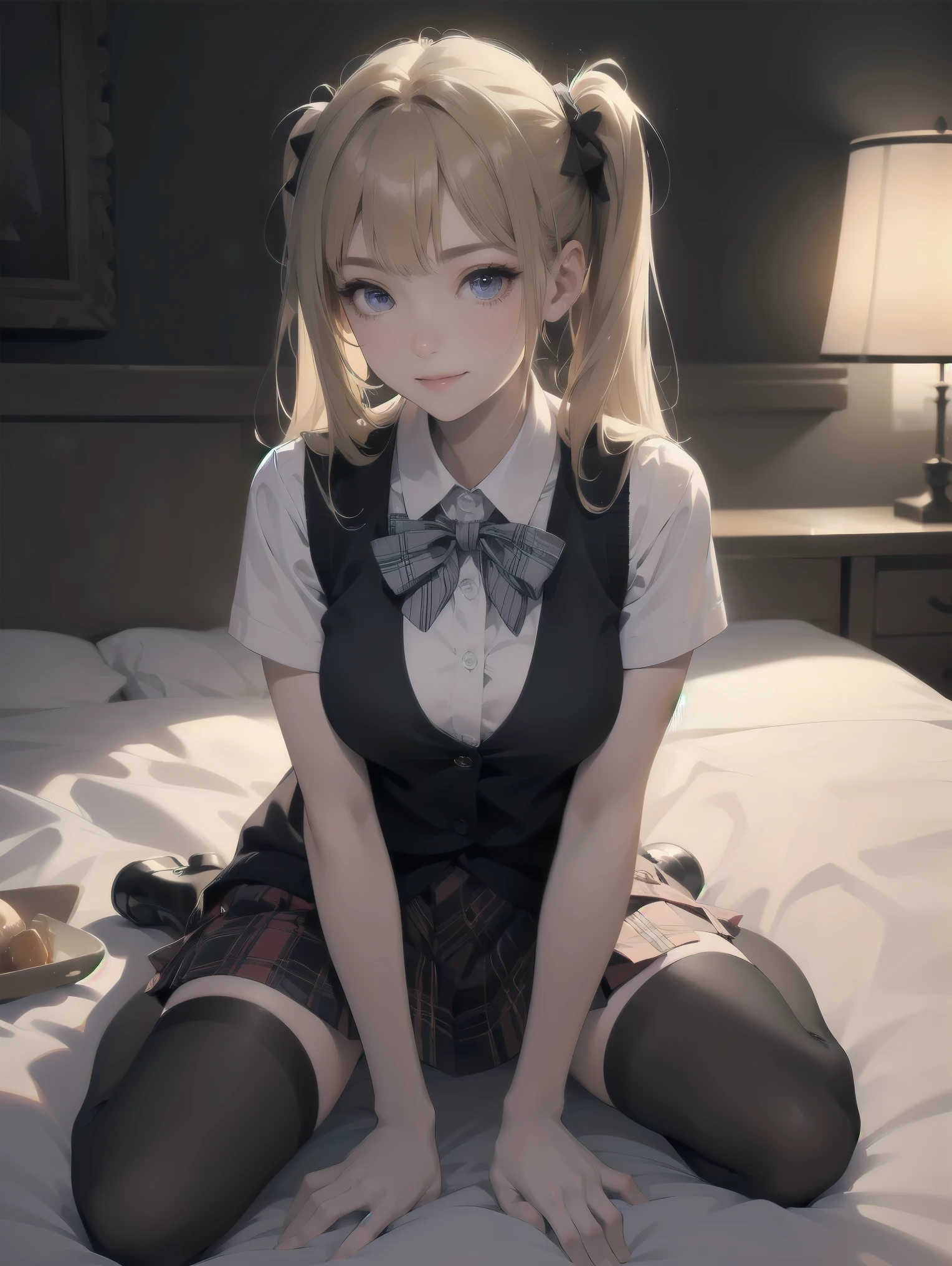 absurdres, absolutely resolution, incredibly absurdres, highres, ultra detailed, official art, unity 8k wallpaper,
BREAK
1 girl, soro, twintails, bow, cardigan vest, short sleeve shirt, plaid skirt, over black legwear, loafers, smile, Sexual girl, seducing men, colourful, bewitching eyes,