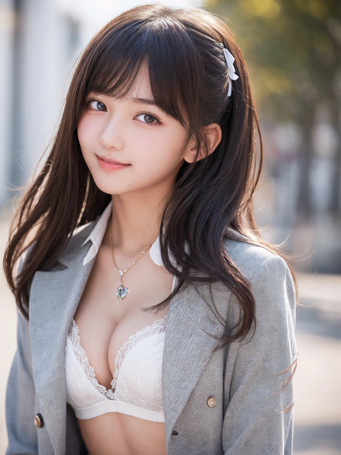 ((smile))、Confused、RAW Photos、(((The ultimate portrait masterpiece)))、((The cutest girl in the world:1.4))、1 girl、、Japanese、Cute Face、((Silky Hair))、(A high ponytail tied with a ribbon:1)、((Super heasts:1))、((Eyeshine like jewels))、Glowing Skin、(young woman;A school uniform consisting of a transparent white shirt, Thin ribbon, blazer, Checkered pleated skirt.:1)、Winter clothes、(Uniforms made from high-quality fabrics:1.4)、Ultra-detailed uniforms、(She shyly pulls up her skirt:1)、(Lace panties are visible.:1)、( from the front))、A skirt fluttering in the wind、eyeliner、Beautiful Bangs、Hair between the eyes、((solve、High resolution))、Detailed Background、8KUHD、Digital SLR、Soft Light、high solve、Film Grain、Fujifilm XT3、Shallow depth of field、自然なSoft Light、Narrow waist,(Beautiful girl with sparkling eyes:1.3),(A big bust that seems to burst:1.4),(Cleavage:1.4),(super ultra mirac bikini:0.2)