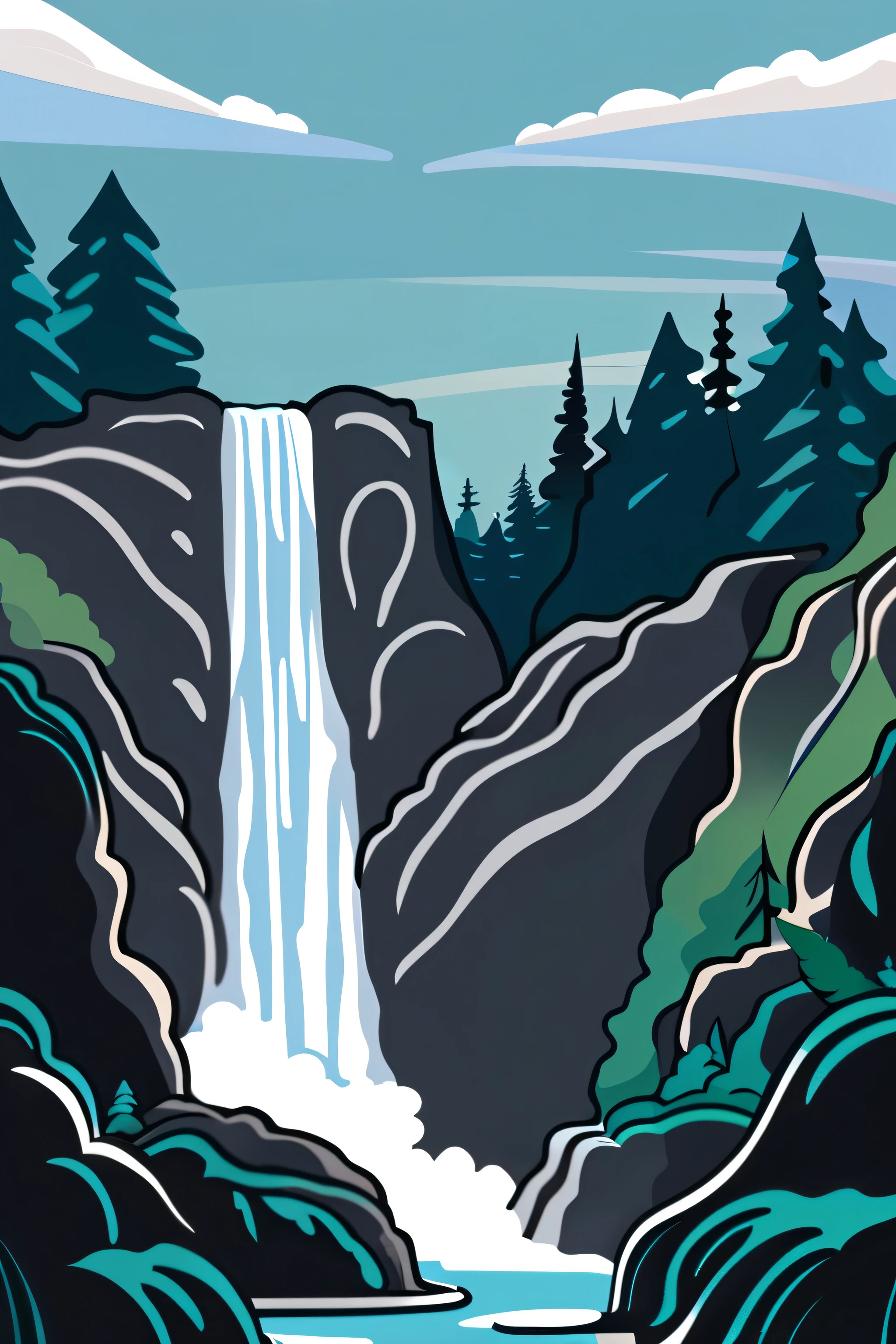 /Imagine Prompt: Waterfall illustration for banner on white background, bold outline style, irregular, Trashcore, light shading