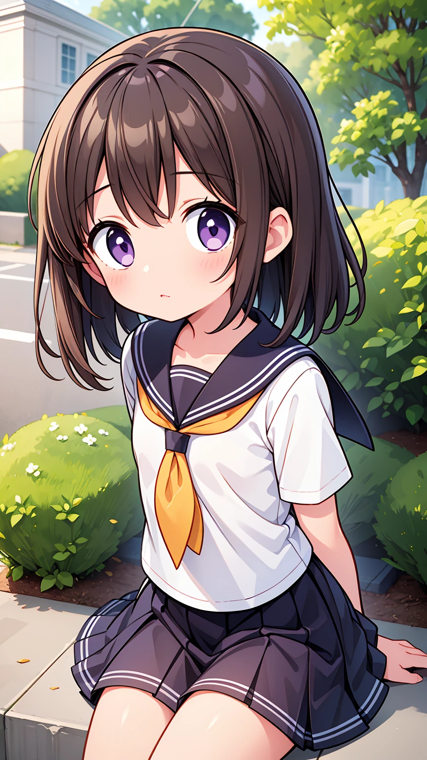 (High quality), (masterpiece), (very detailed), girl, (flat chest:1.6), short brown hair, purple eyes, shy face, primary school girl, white blouse, black skirt with pleats, (chibi:0.6), showing her thighs, on the school yard, sunny, school girl, (sailor uniform), confessing his love towards the viewer, spectator looked under her, adorable eyes