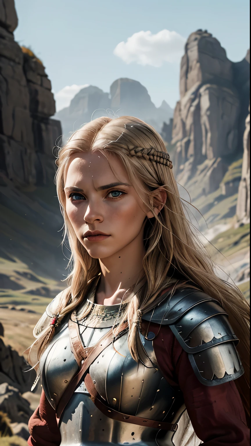 a portrait of a fierce Viking shieldmaiden, embodying bravery and resilience in a rugged landscape, AnjelikaV2
