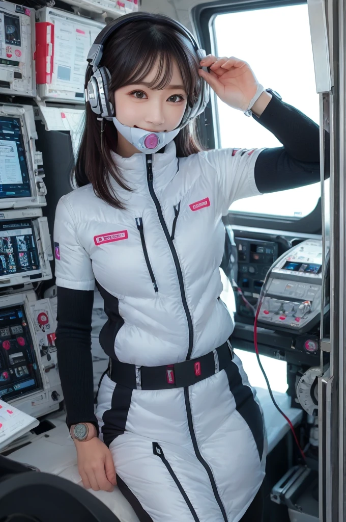 masterpiece, highest quality, Very detailed, 8K Portrait,Japanese Android Girl,plump , Control panel,Robotic arms and legs, Blunt bangs,,break (Metallic Gray, Metallic luster, Mirror finish, Astro Best):5,headphone:5,break (Black sleeves):100,Smart Watches,Futuristic space station,Control Room,break headphone,blue eyes,(Black Hair):2,(Long Hair):1.3,Displaying the viewer,(respirator),break blush:3,Hidden Hand,smile