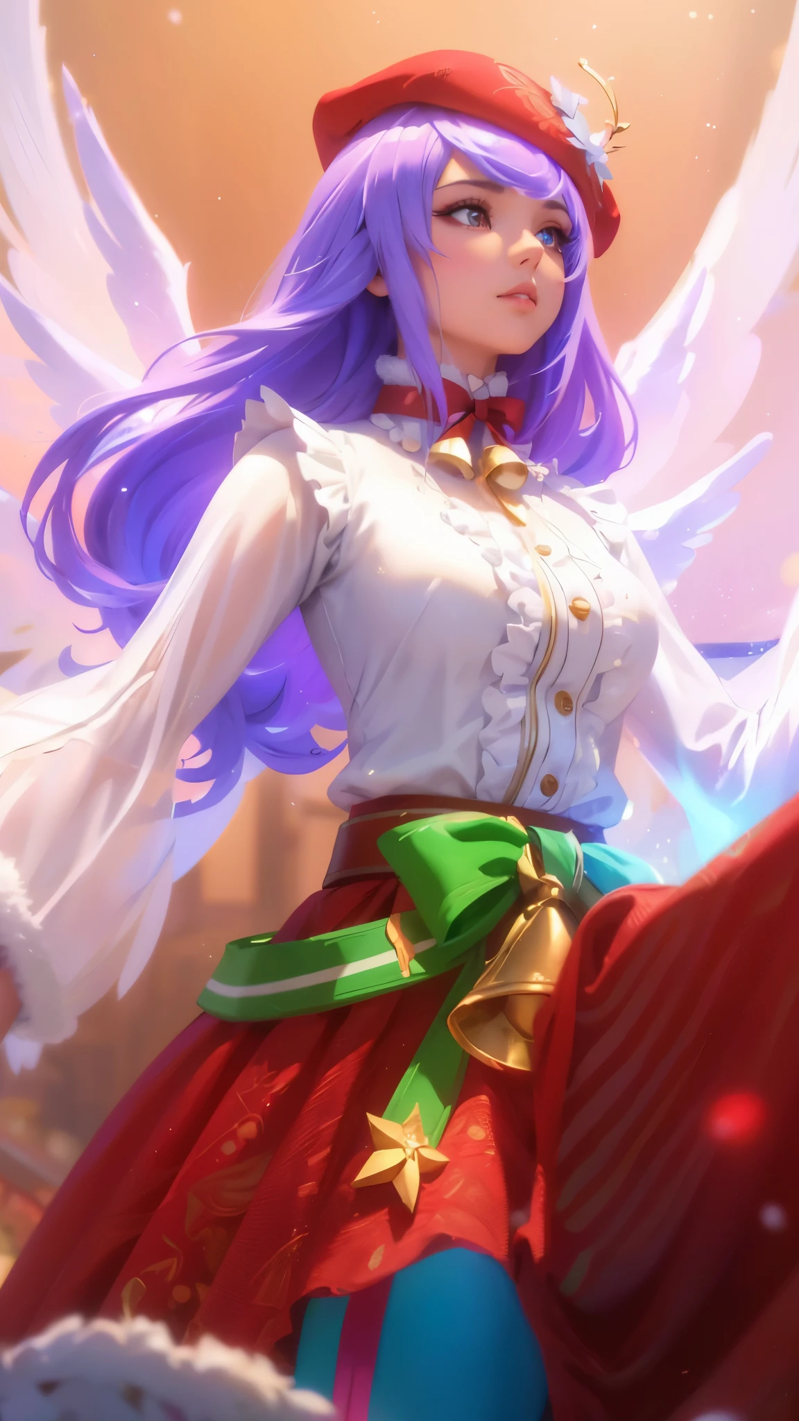 A beautiful angel Rafaela from Mobile Legends, 2D anime style, christmas theme, looking up, extremely detailed eyelids, wearing a ribbon-shaped belt with a bell, beautiful, (best quality,4k,8k,highres,masterpiece:1.2),ultra-detailed,(realistic:1.37),vibrant colors,cinematic lighting,dynamic pose,ethereal,angelic,whimsical