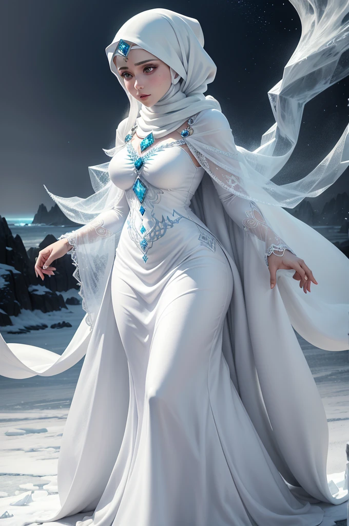 a beautiful ice goddess, wearing full hijab, good face, happy face, realistic eyes, ice magician, ice elemental, intricate design and details, chilling mist, cold, blizzard storm, conjuring ice spell, casting ice spell, detailed dress, (white muslimah dress:1.5), realistic ice effect, ((ice:1.5)), snow particles, dark fantasy art style, the beach, dramatic lighting, cinematic,