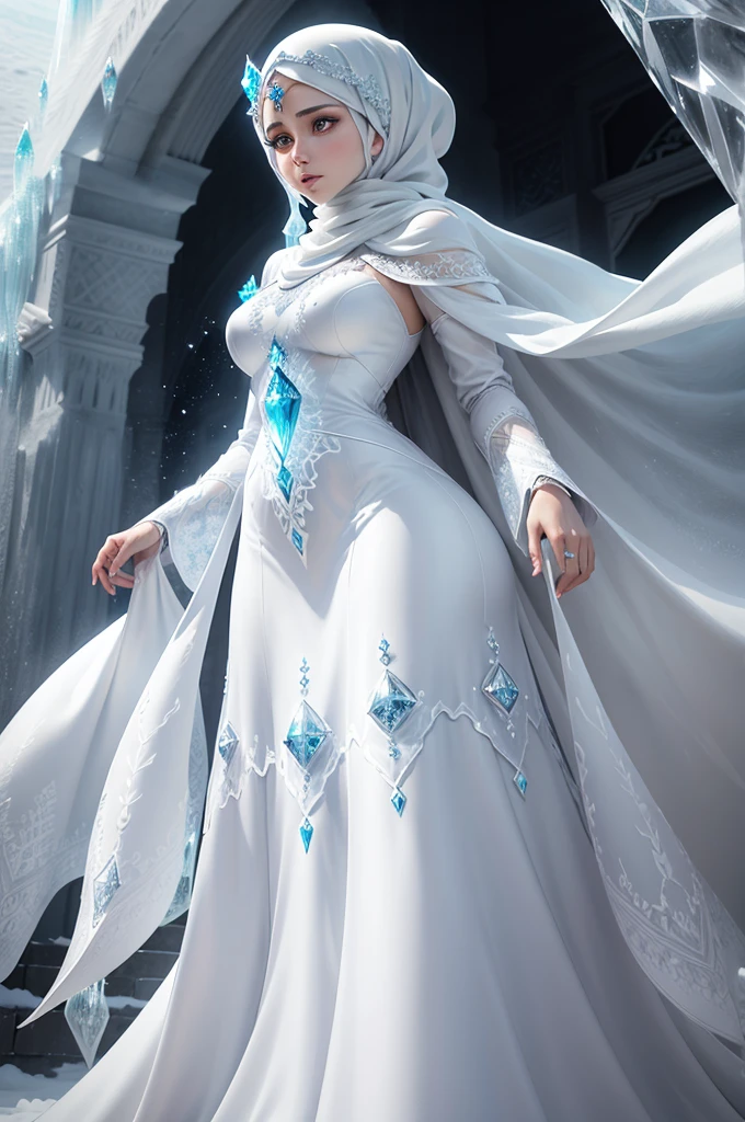 a beautiful ice goddess, wearing full hijab, good face, happy face, realistic eyes, ice magician, ice elemental, intricate design and details, chilling mist, cold, blizzard storm, conjuring ice spell, casting ice spell, detailed dress, (white muslimah dress:1.5), realistic ice effect, ((ice:1.5)), snow particles, dark fantasy art style, the beach, dramatic lighting, cinematic,
