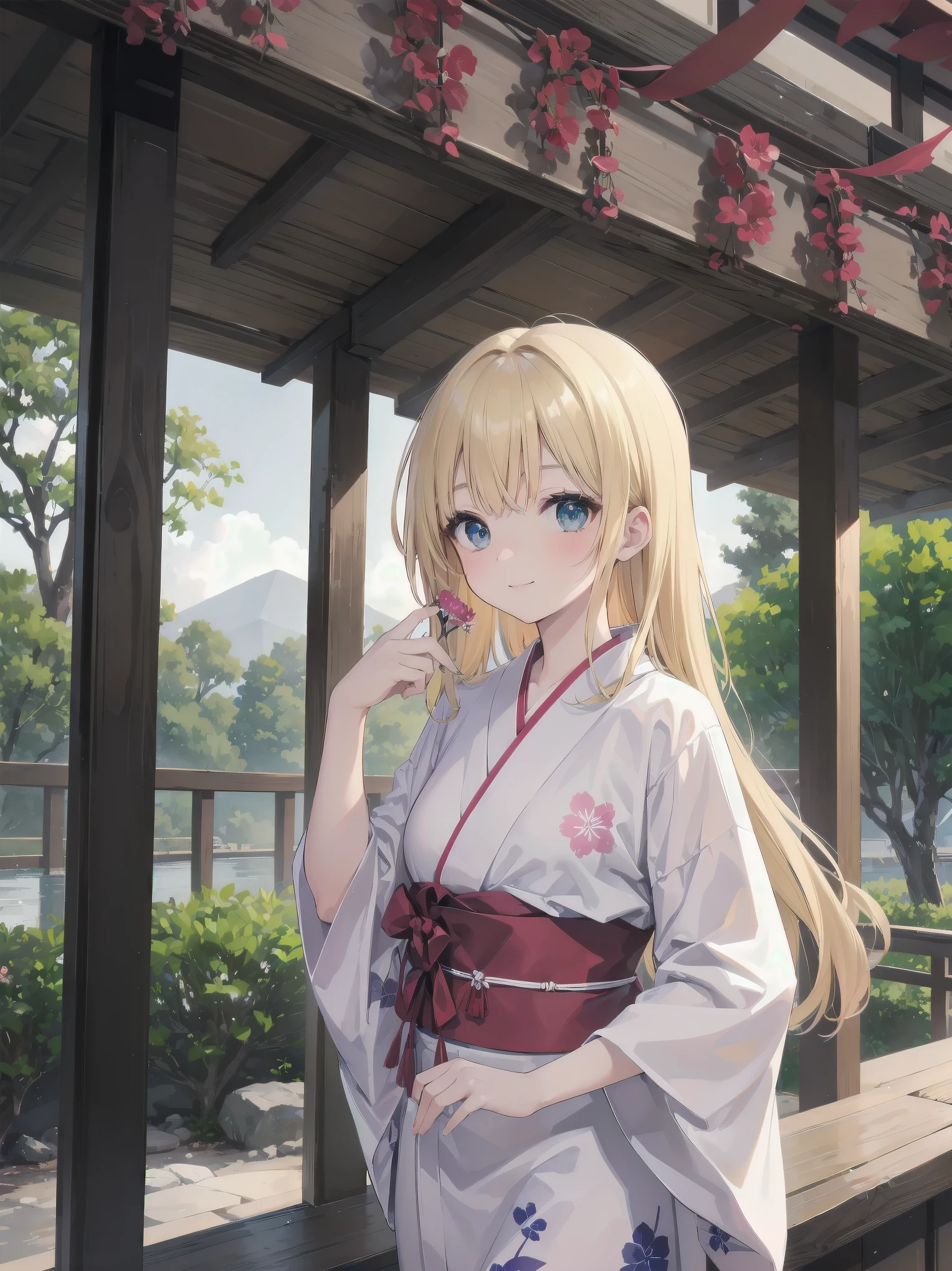 Subject: pretty beautiful girl
Subtitle: {Long, straight blonde hair}{Japanese-style yukata}{Posing picking flowers}{Japanese garden}{Smiling demurely}{Mirrorless camera, f/1.8, 1/400 sec, ISO 800, soft focus effect}
A beautiful girl with long, straight blonde hair stands in a quiet Japanese garden. She is wearing a beautiful Japanese yukata and is elegantly picking flowers. Her modest smile enhances her elegance and makes for a memorable scene. In the background is a lush green Japanese garden, which gives the scene a traditional beauty. The photo was taken with a mirrorless camera at f/1.8 aperture, shutter speed 1/400 sec, ISO 800, and the soft-focus effect adds to the soft, magical atmosphere.