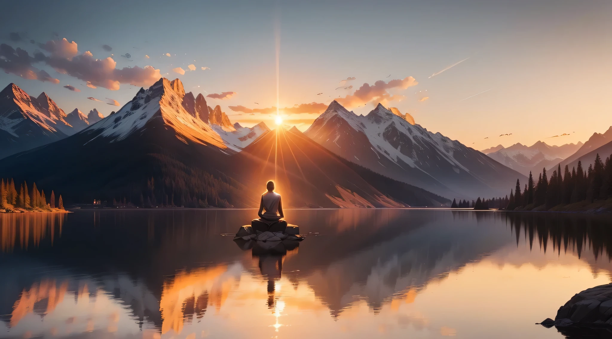 A breathtaking scene with a spectacular sunset over a calm lake surrounded by majestic mountains. In the center of the image, a person stands with their hands clasped in prayer and their eyes closed in deep meditation. Just above them, an artistic representation of God, surrounded by a divine aura of light, gazes compassionately upon the meditating person. The golden light of the setting sun bathes the scenery, creating a tranquil and spiritual atmosphere