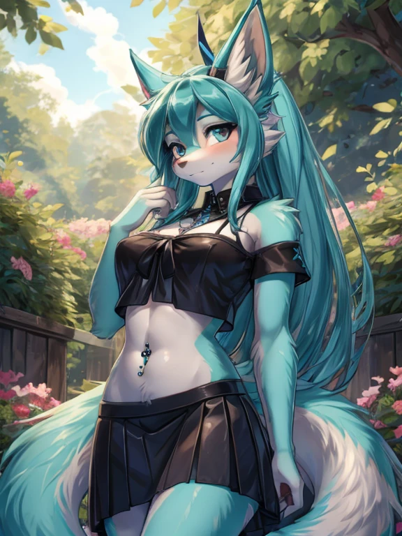 Chica anime, anime style, cute hatsune miku x suicune, shy girl , Orejas de Kitsune, arte de dark natasha, garden landscape, arte de vixen aztra, cuerpo completo, platas hermosas, cintura delgado, caderas amplias, piernas torneadas, hermosa, foto de cuerpo completo, navel blouse, black skirt, navel piercing