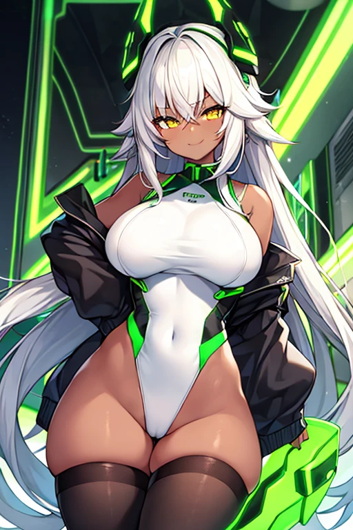 1girl, dark skn, dark-skinned female, green trim, yellow eyes, pantyhose, white leotard, keotard, thighhighs, black pantyhose, large breasts, toned, thick thighs, wide hips, smile, white hair, long hair, smirk, smug, tech, machinery, futuristic, science+fiction, neon, neon trim, green neon trim,