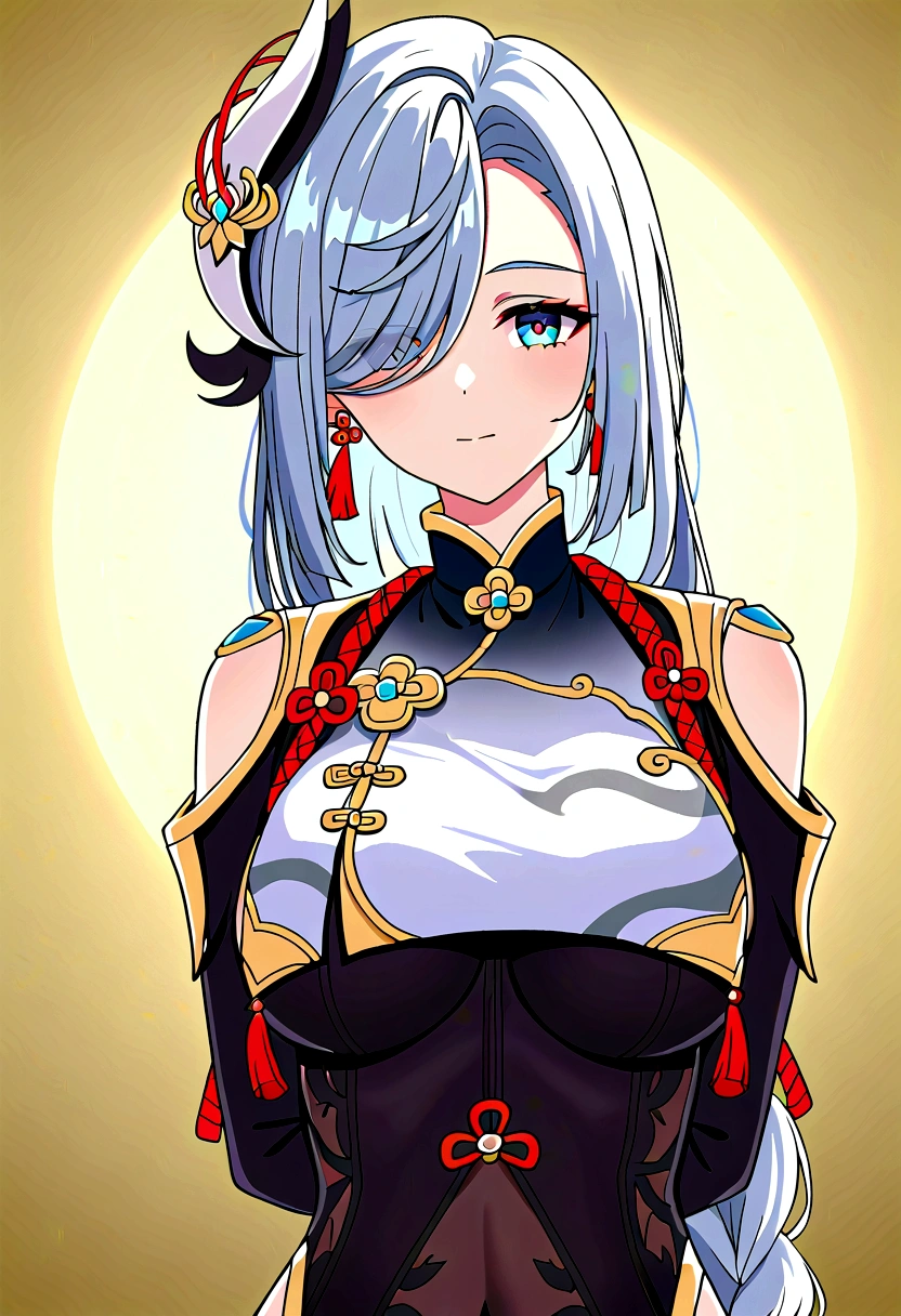 best quality, masterpiece, ultra high quality, highres, wallpaper 16k, full body, 1girl,solo,pale skin,perfect body,glossy skin,killer,shenhe \(genshin impact\),(hair over one eye),long hair,tassel,gloves,breast curtain,(black bodysuit),bodysuit,tassel earrings,(close-up photo:1.1),(supergiant breasts:1.3),(arms behind back),white hair,(hair decoration),(hair ornament), looking at viwer,