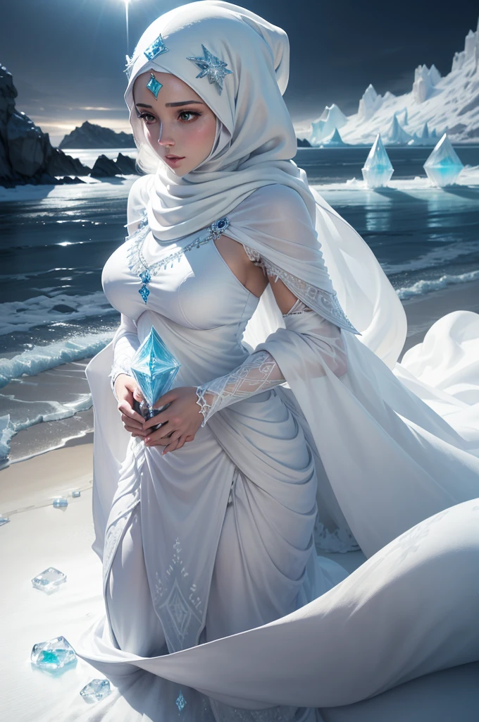 a beautiful ice goddess, wearing full hijab till close the boob, good face, happy face, realistic eyes, ice magician, ice elemental, intricate design and details, chilling mist, cold, blizzard storm, conjuring ice spell, casting ice spell, detailed dress, (white muslimah dress:1.5), realistic ice effect, ((ice:1.5)), snow particles, dark fantasy art style, the beach, dramatic lighting, cinematic,