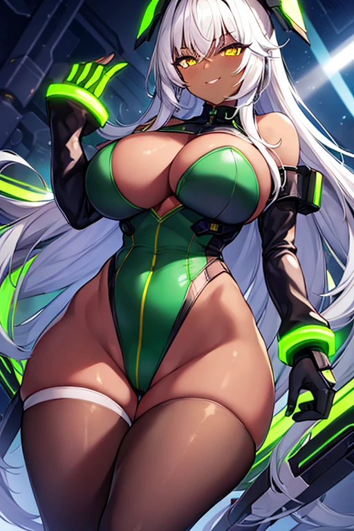 1girl, dark skn, dark-skinned female, green trim, yellow eyes, pantyhose, white leotard, keotard, thighhighs, black pantyhose, large breasts, toned, thick thighs, wide hips, smile, white hair, long hair, smirk, smug, tech, machinery, futuristic, science+fiction, neon, neon trim, neon lights, cleavage