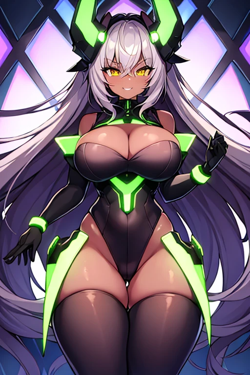 1girl, dark skn, dark-skinned female, green trim, yellow eyes, pantyhose, white leotard, keotard, thighhighs, black pantyhose, large breasts, toned, thick thighs, wide hips, smile, white hair, long hair, smirk, smug, tech, machinery, futuristic, science+fiction, neon, neon trim, neon lights, cleavage