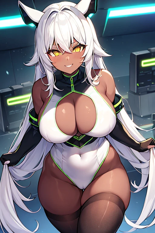 1girl, dark skn, dark-skinned female, green trim, yellow eyes, pantyhose, white leotard, keotard, thighhighs, black pantyhose, large breasts, toned, thick thighs, wide hips, smile, white hair, long hair, smirk, smug, tech, machinery, futuristic, science+fiction, neon, neon trim, neon lights, cleavage cutout