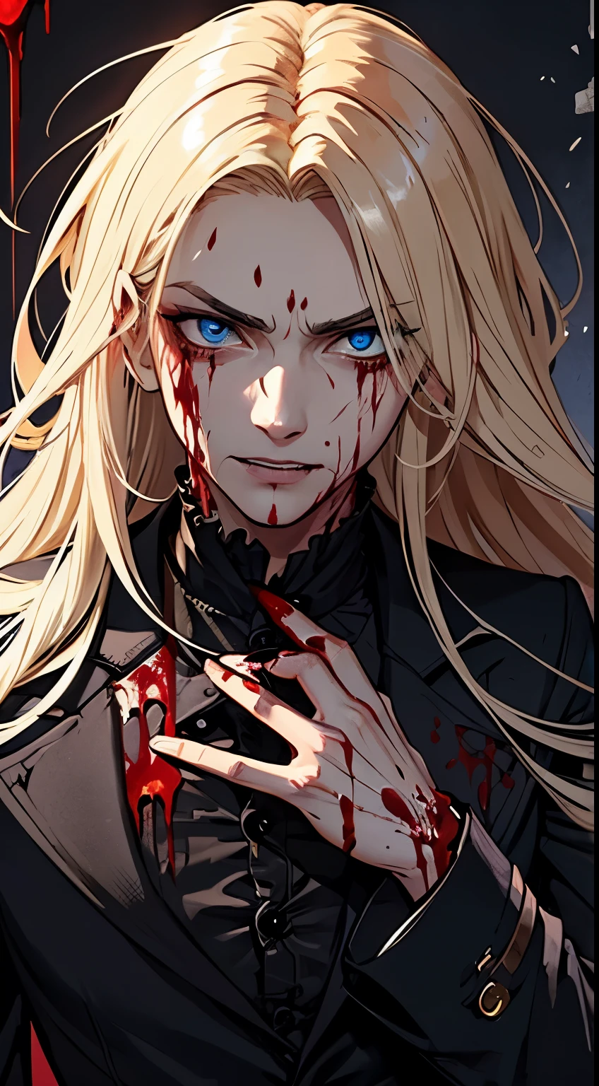 (masculine), (horrifying,shocking),blood-spattered man, male covered in blood,long flowing blond hair, , ((paled skin)) ,expressive eyes,dramatic lighting,gritty and intense,horror portrait,violent,splattered blood,dark and haunting background,close-up of face and body,bloody handprints,terrifying aura,macabre,vivid colors,high contrast, blue eyes, bloddy, masacre, androgynous, perfect face, evil smile, insane, crazy, Black coat, black suit, one young male, beautiful long hair, blond hair, blue eyes, purple victorian shirt, purple jabot, beautiful face, highest quality, wild fighting stance, blood everywhere