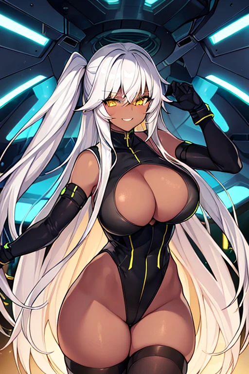 1girl, dark skn, dark-skinned female, green trim, yellow eyes, pantyhose, white leotard, keotard, thighhighs, black pantyhose, large breasts, toned, thick thighs, wide hips, smile, white hair, long hair, smirk, smug, tech, machinery, futuristic, science+fiction, neon, neon trim, neon lights, cleavage