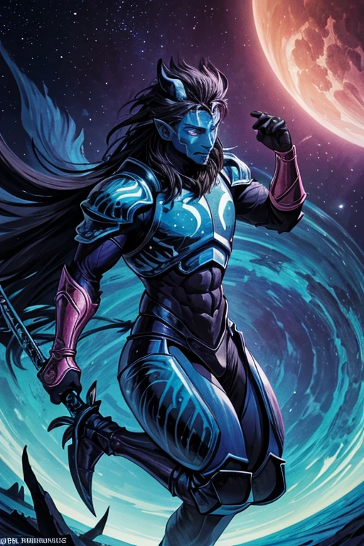 a warrior tiger god, full body, using a long spear, and leather armor, muscular, pink and navy blue, vibrant, in the bright cosmos, a hairy young man with an ethereal and devilish behavior appears, his features bathed in the lunar glow. His skin, pink and navy blue striped, reflecting like a mirror, the starry night.  Within its captivating gaze, galaxies swirl, vibrant hues of cosmic dust and celestial wonders painting a mesmerizing tapestry in shades of blue.  Adorning its ferociously caged mouth are a pair of saber-toothed fangs, a sharp addition that adds a savage touch to its captivating gaze.  His presence evokes a sense of pride, drawing the viewer into a realm where darkness and beauty intertwine. As his presence commands attention, the enigmatic allure of this captivating figure captivates the imagination, inviting contemplation of the hidden depths that lie beneath his captivating gaze.