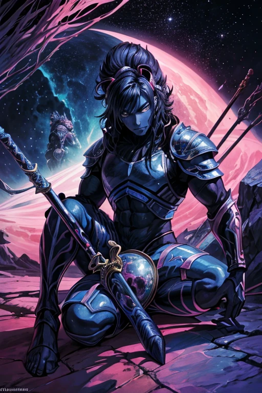 a warrior tiger god, full body, using a long spear, and leather armor, muscular, pink and navy blue, vibrant, in the bright cosmos, a hairy young man with an ethereal and devilish behavior appears, his features bathed in the lunar glow. His skin, pink and navy blue striped, reflecting like a mirror, the starry night. Within its captivating gaze, galaxies swirl, vibrant hues of cosmic dust and celestial wonders painting a mesmerizing tapestry in shades of blue. Adorning its ferociously caged mouth are a pair of saber-toothed fangs, a sharp addition that adds a savage touch to its captivating gaze. His presence evokes a sense of pride, drawing the viewer into a realm where darkness and beauty intertwine. As his presence commands attention, the enigmatic allure of this captivating figure captivates the imagination, inviting contemplation of the hidden depths that lie beneath his captivating gaze.
