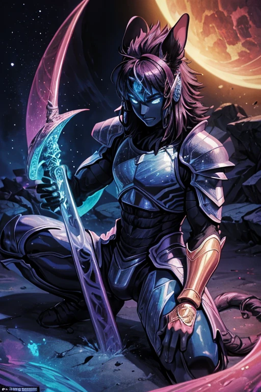 a warrior tiger god, full body, using a long spear, and leather armor, muscular, pink and navy blue, vibrant, in the bright cosmos, a hairy young man with an ethereal and devilish behavior appears, his features bathed in the lunar glow. His skin, pink and navy blue striped, reflecting like a mirror, the starry night.  Within its captivating gaze, galaxies swirl, vibrant hues of cosmic dust and celestial wonders painting a mesmerizing tapestry in shades of blue.  Adorning its ferociously caged mouth are a pair of saber-toothed fangs, a sharp addition that adds a savage touch to its captivating gaze.  His presence evokes a sense of pride, drawing the viewer into a realm where darkness and beauty intertwine. As his presence commands attention, the enigmatic allure of this captivating figure captivates the imagination, inviting contemplation of the hidden depths that lie beneath his captivating gaze.