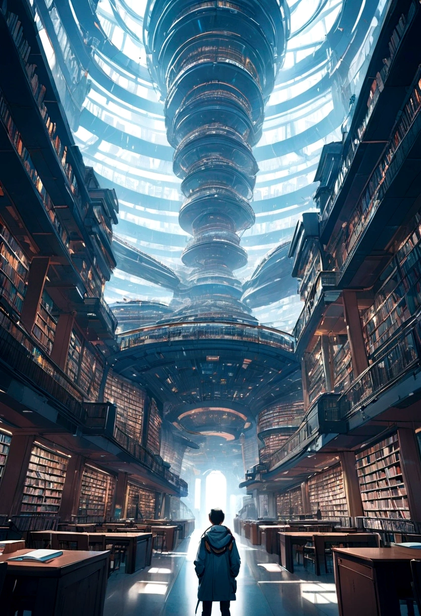 A giant futuristic library with thousands of books. The cyberpunk kid in the library center was stunned