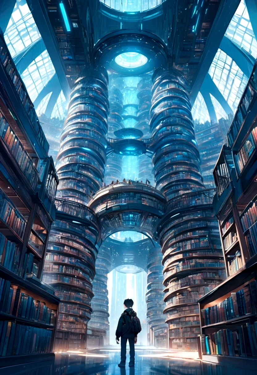 A giant futuristic library with thousands of books. The cyberpunk kid in the library center was stunned