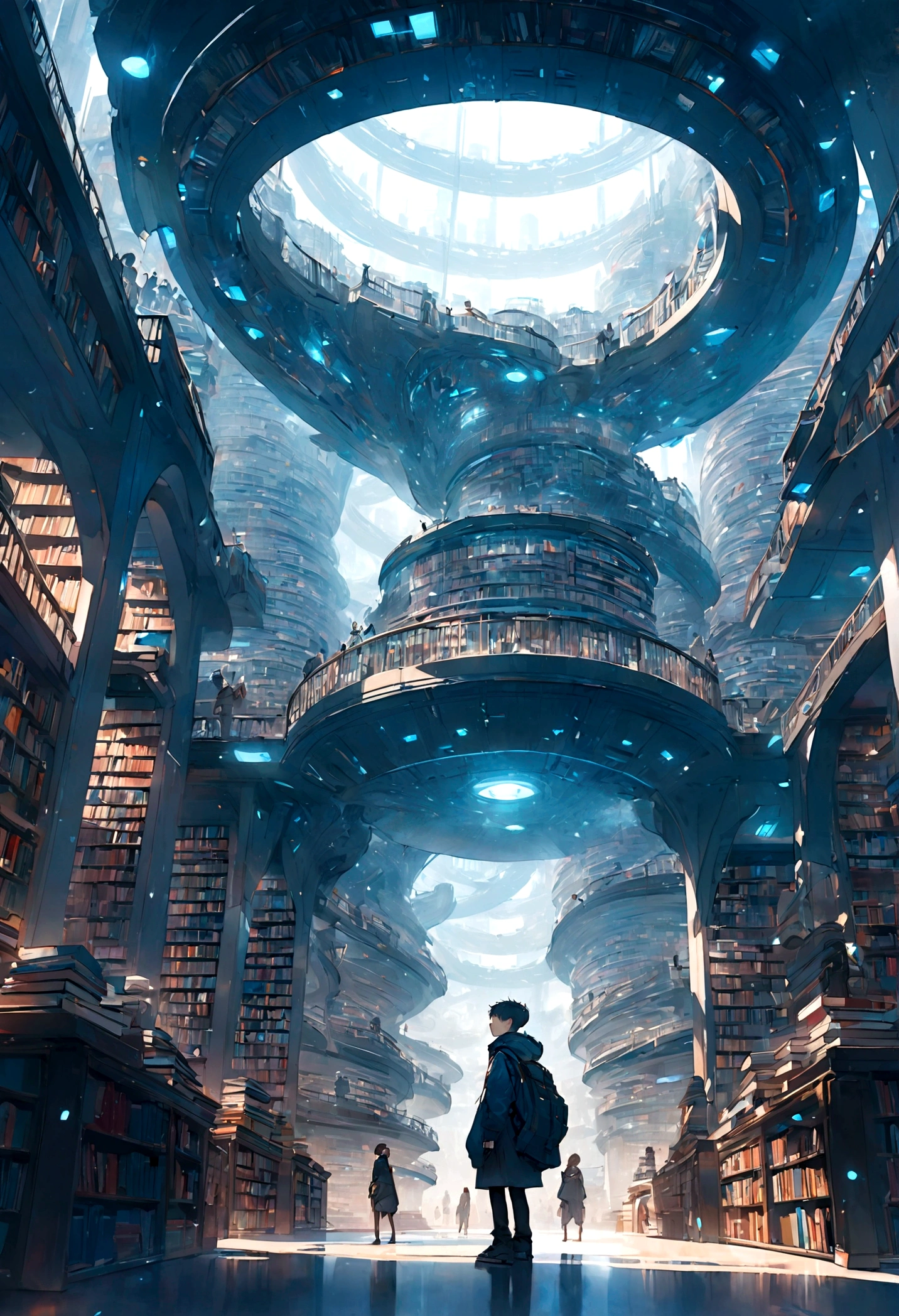 A giant futuristic library with thousands of books. The cyberpunk kid in the library center was stunned