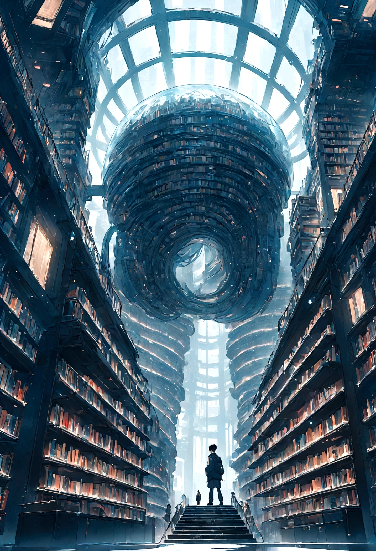 A giant futuristic library with thousands of books. The cyberpunk kid in the library center was stunned  