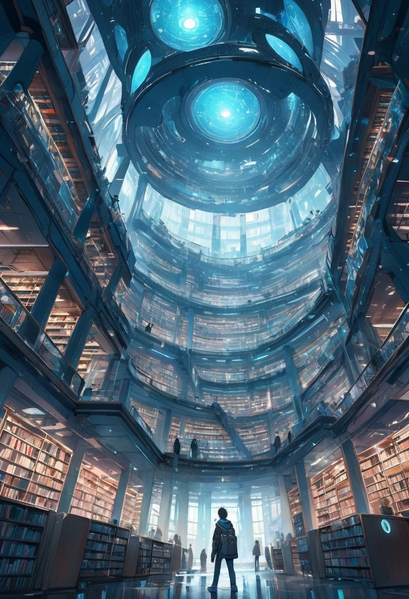 A giant futuristic library with thousands of books. The cyberpunk kid in the library center was stunned