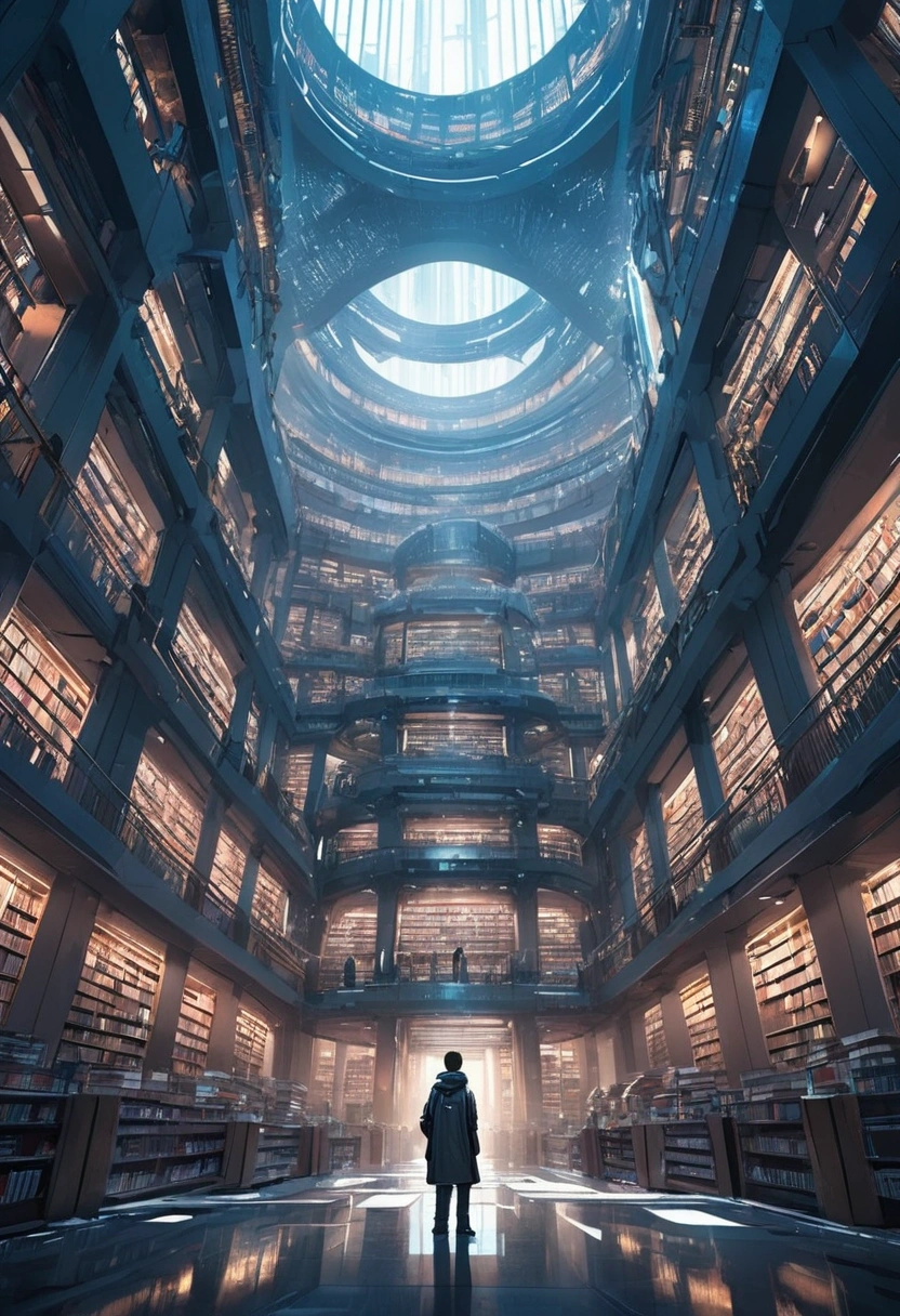 A giant futuristic library with thousands of books. The cyberpunk kid in the library center was stunned