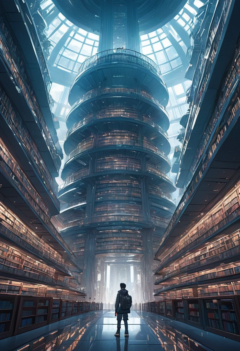 A giant futuristic library with thousands of books. The cyberpunk kid in the library center was stunned