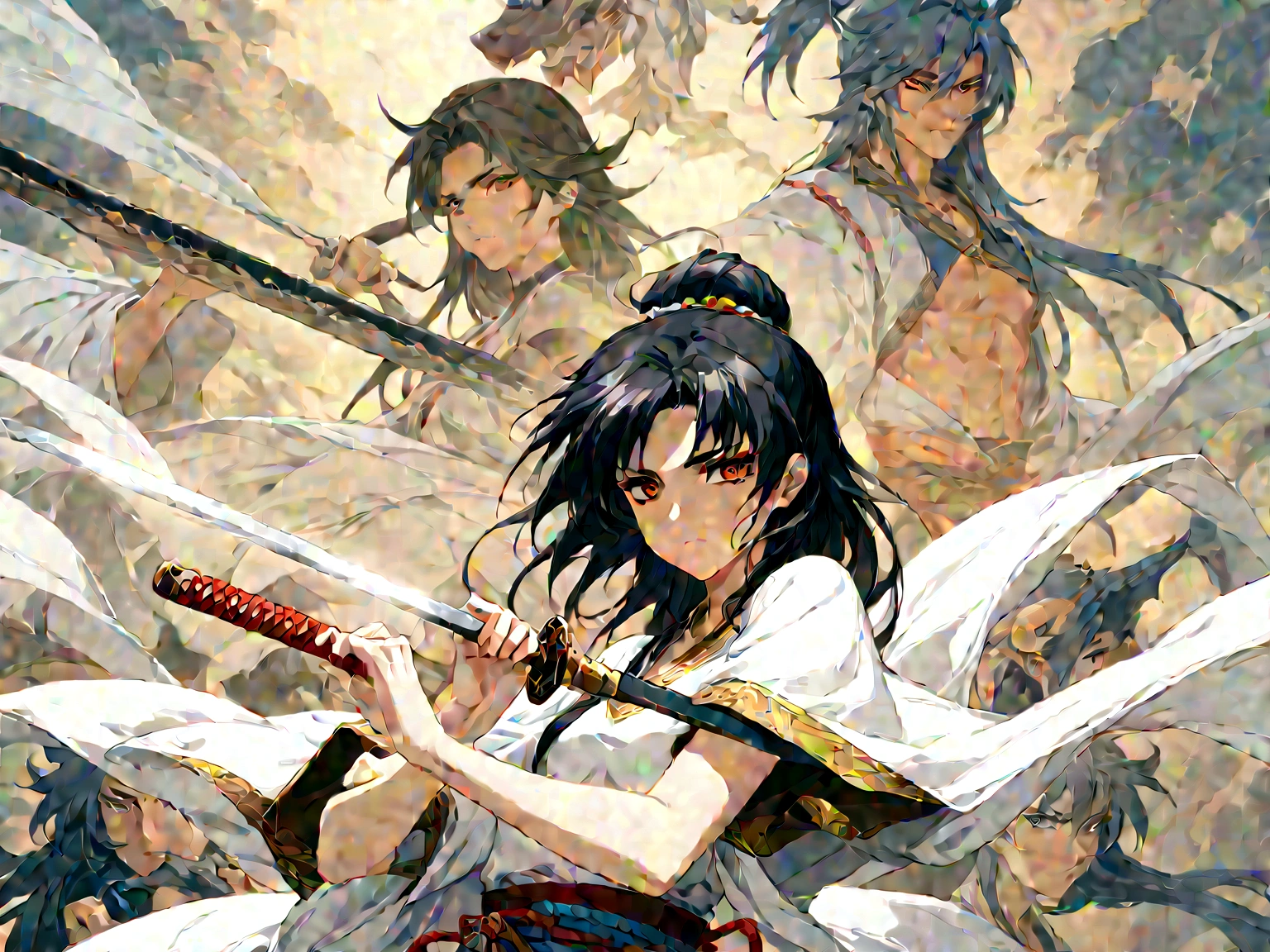 Wearing a white dress、Close-up of woman holding sword, Portrait of Yang Jian, Hot topics on cgsociety, Fantasy Art, Beautiful character painting, artwork in the style of Gu Weiss, Gu Weiss, White Hanfu, Flowing white robe, Full body martial arts, Epic and beautiful character art, Stunning character art, Beautiful female assassin  