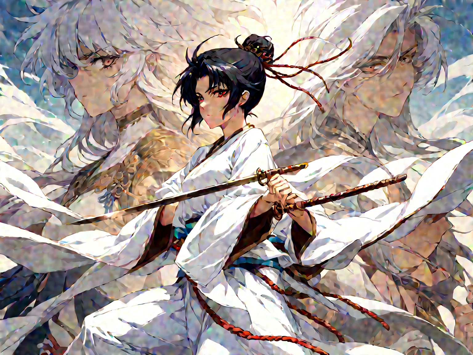Wearing a white dress、Close-up of woman holding sword, Portrait of Yang Jian, Hot topics on cgsociety, Fantasy Art, Beautiful character painting, artwork in the style of Gu Weiss, Gu Weiss, White Hanfu, Flowing white robe, Full body martial arts, Epic and beautiful character art, Stunning character art, Beautiful female assassin