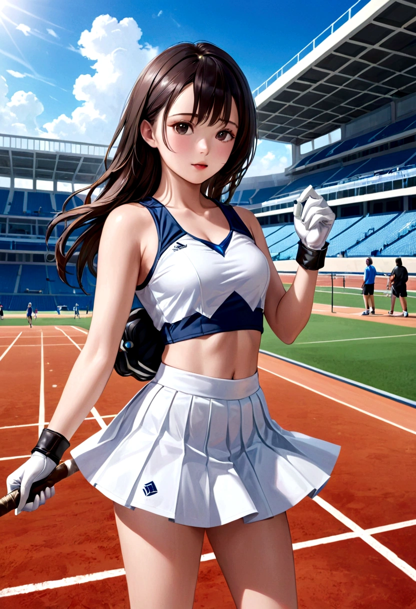 (photo realistic:1.55), masterpiece, 最好of质量, 详细of, Vaguery, depth_of_site, Vaguery_background, Vaguery_prospect, 1 girl, Gloves, 白色of_Gloves, skirt, sports_Vague, photo_(中等of), 独自of, 白色of_skirt