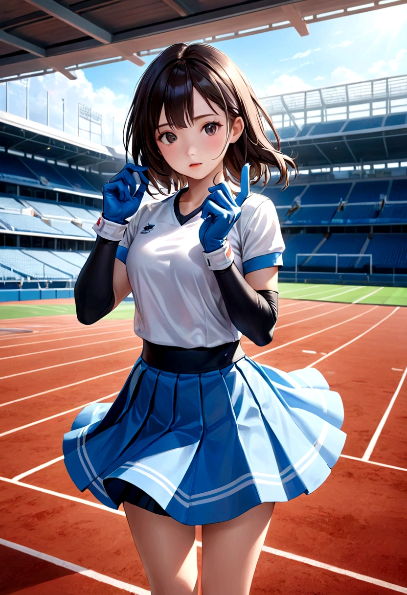 (photo realistic:1.55), masterpiece, 最好of质量, 详细of, Vaguery, depth_of_site, Vaguery_background, Vaguery_prospect, 1 girl, Gloves, 白色of_Gloves, skirt, sports_Vague, photo_(中等of), 独自of, 白色of_skirt