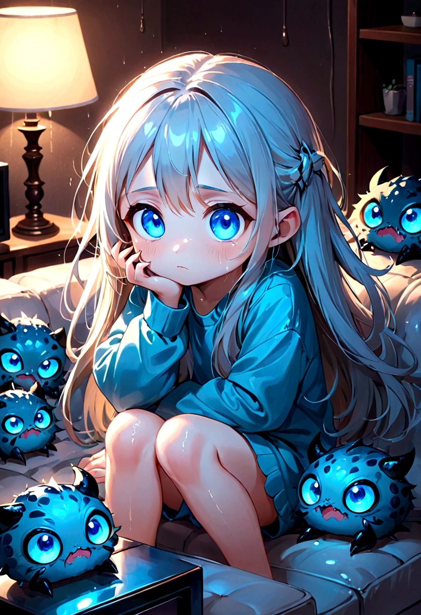 (embedding: cute) Sitting on the couch with glowing, wet and sticky scales, ((long hair)|(claws)), a cute face with frightened ((big eyes)|(blue eyes)) and cute lips under the dark glow of the TV, surrounded by comfy pillows and the (subtle)|(intense) smell of the room.