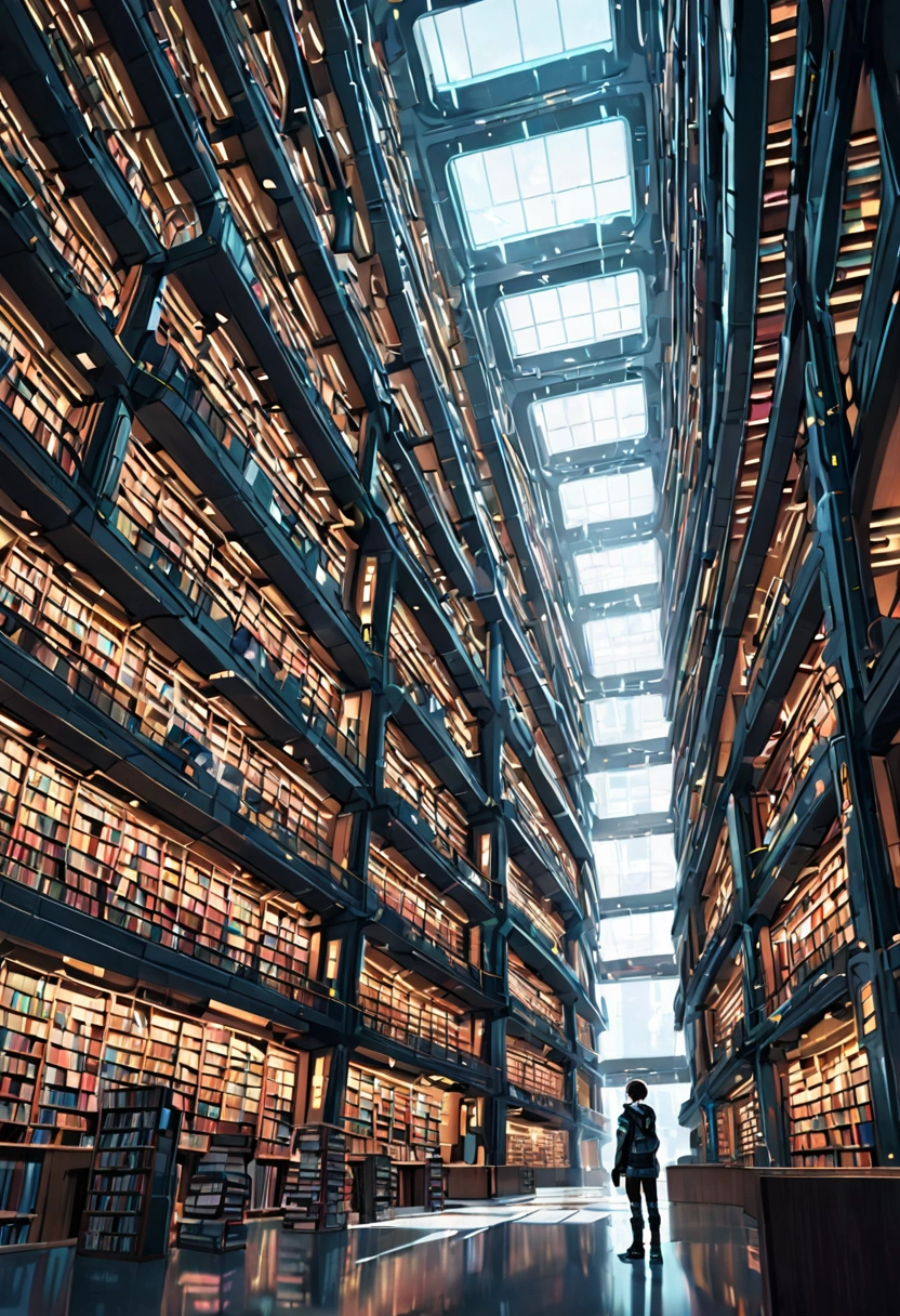 A giant futuristic library with thousands of books. The cyberpunk kid in the library center was stunned