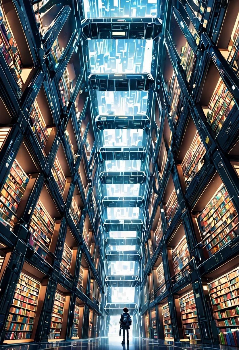 A giant futuristic library with thousands of books. The cyberpunk kid in the library center was stunned