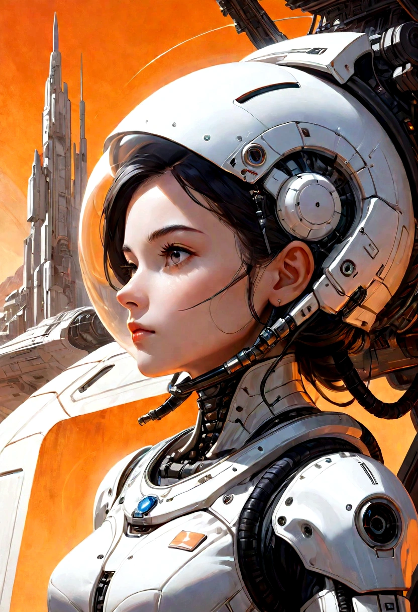 A futuristic woman in a spacecraft, cinematic art, against an orange backdrop, inspired by Robert McQuarrie, female protagonist, massive structures in the background, portrait of an AI astronaut, astronaut, portrait of an astronaut skeleton, perfect robotic girl, Frank Frazetta and Sakimichan style