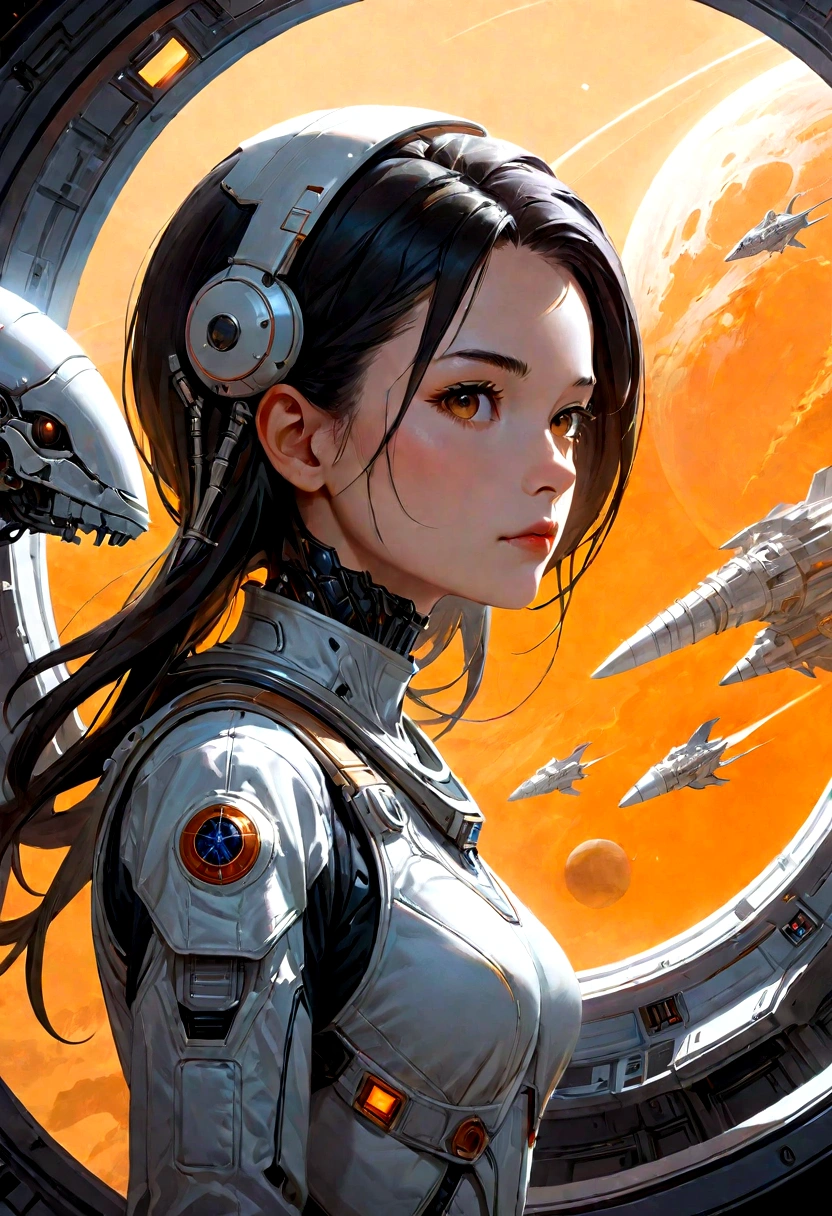 A futuristic woman in a spacecraft, cinematic art, against an orange backdrop, inspired by Robert McQuarrie, female protagonist, massive structures in the background, portrait of an AI astronaut, astronaut, portrait of an astronaut skeleton, perfect robotic girl, Frank Frazetta and Sakimichan style