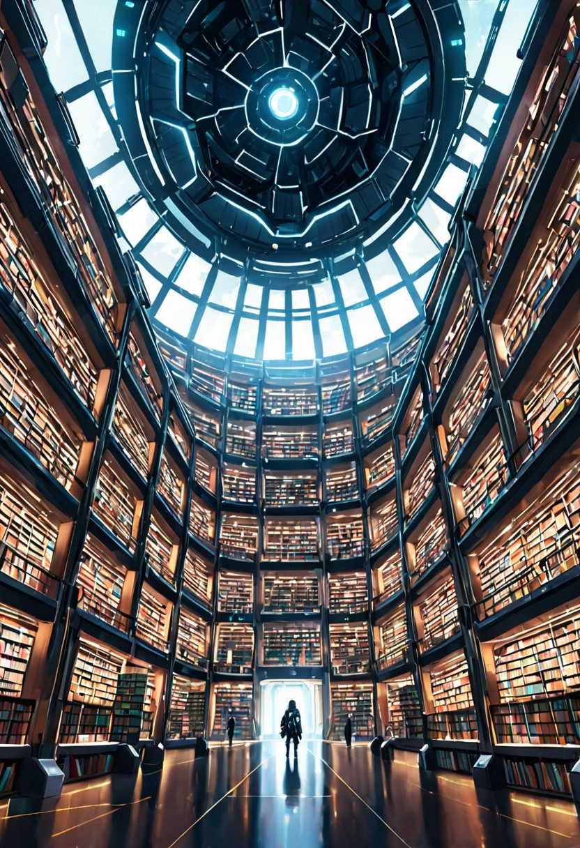 A giant futuristic library with thousands of books. The cyberpunk kid in the library center was stunned