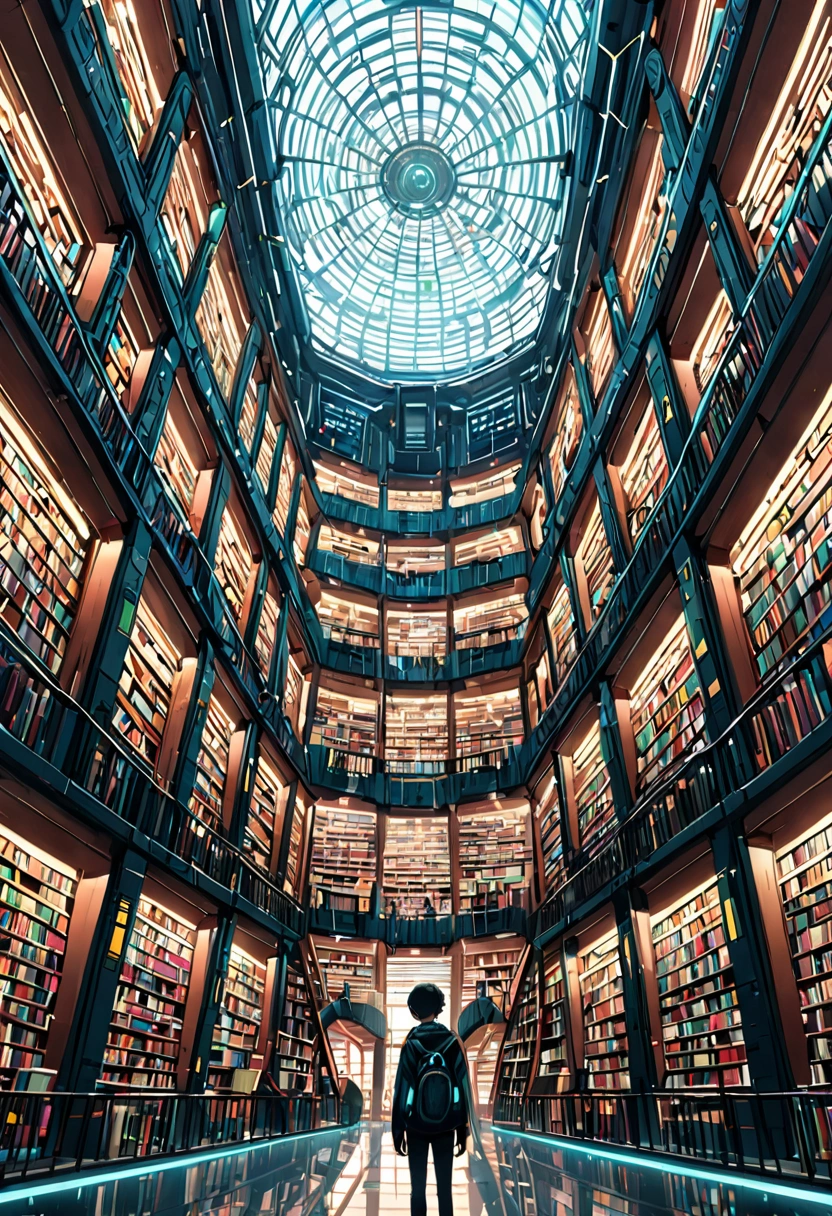 A giant futuristic library with thousands of books. The cyberpunk kid in the library center was stunned