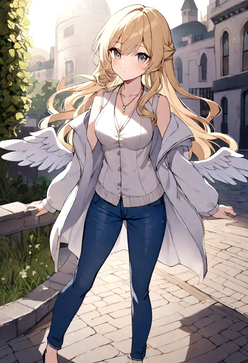 1 girl, Medium breasts, Blonde Hair, Long hair, curls, Gray eyes, White feather wings, Angel, outdoor, white jacket, Necklace, Vest, jeans