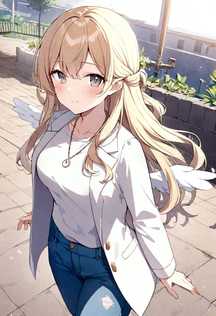 1 girl, Medium breasts, Blonde Hair, Long hair, curls, Gray eyes, White feather wings, Angel, outdoor, white jacket, Necklace, Vest, jeans