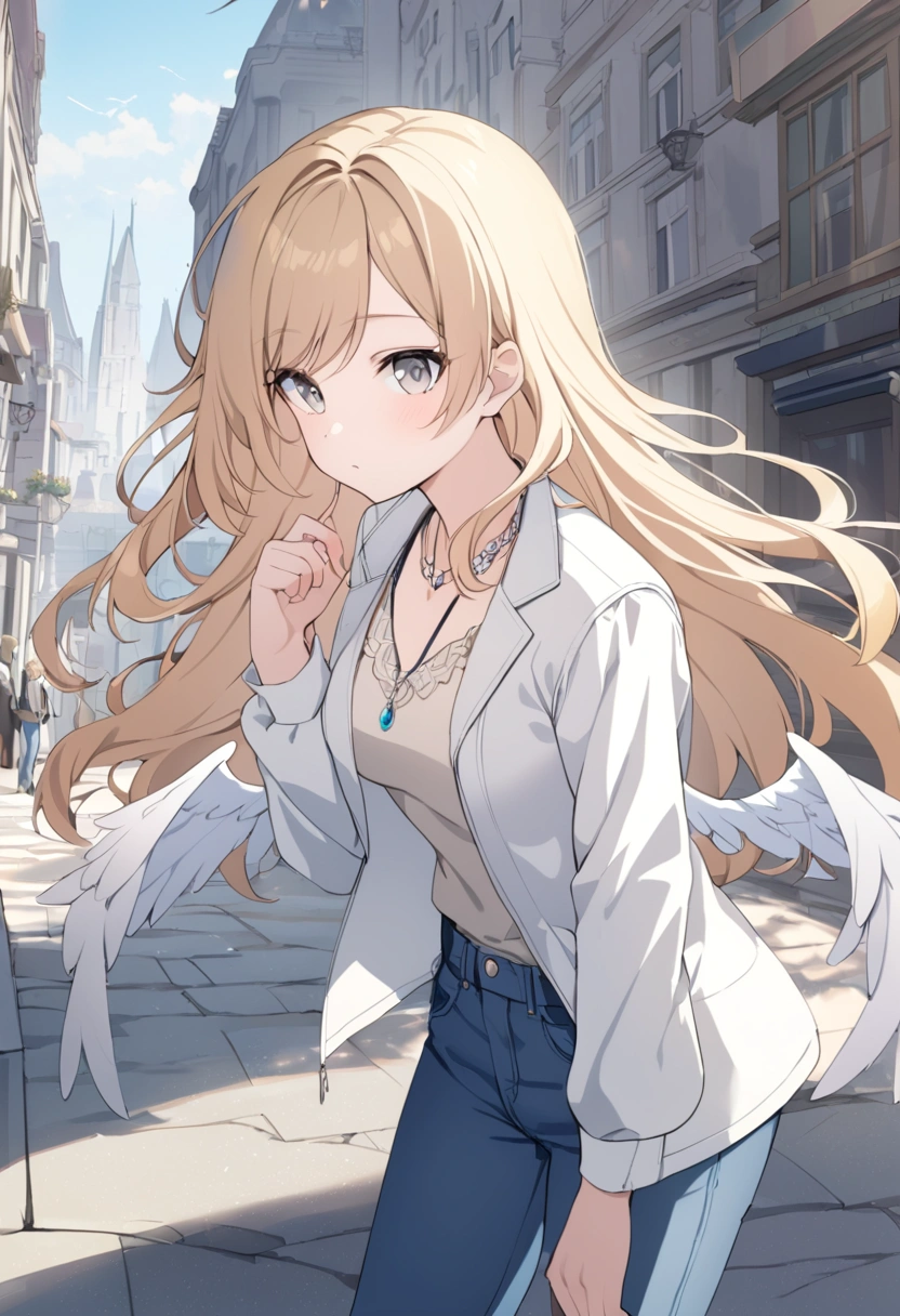 1 girl, Medium breasts, Blonde Hair, Long hair, curls, Gray eyes, White feather wings, Angel, outdoor, white jacket, Necklace, Vest, jeans