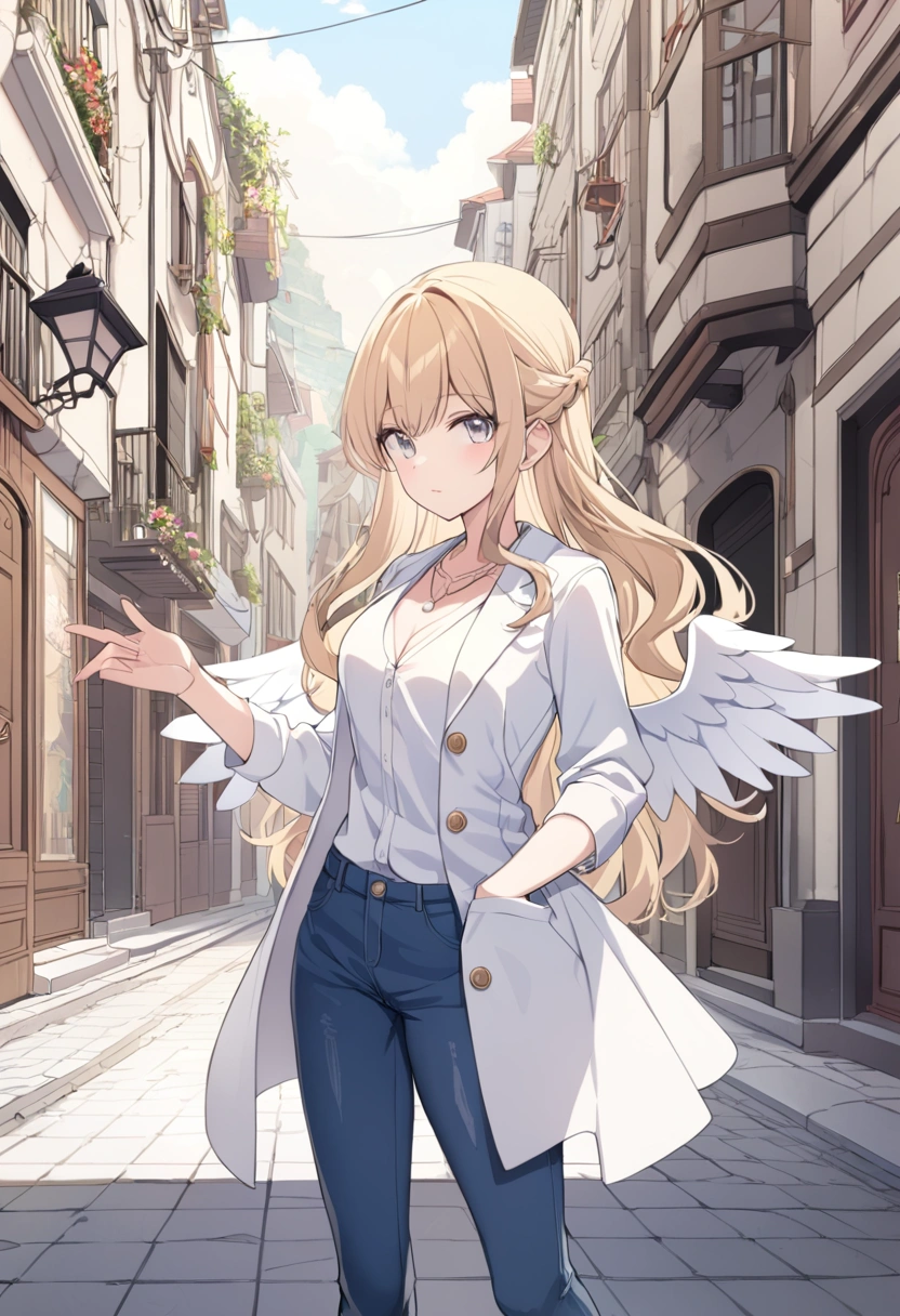1 girl, Medium breasts, Blonde Hair, Long hair, curls, Gray eyes, White feather wings, Angel, outdoor, white jacket, Necklace, Vest, jeans