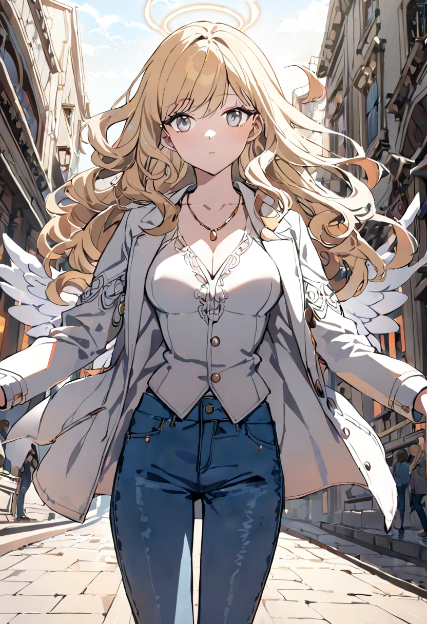 1 girl, Medium breasts, Blonde Hair, Long hair, curls, Gray eyes, White feather wings, Angel, outdoor, white jacket, Necklace, Vest, jeans