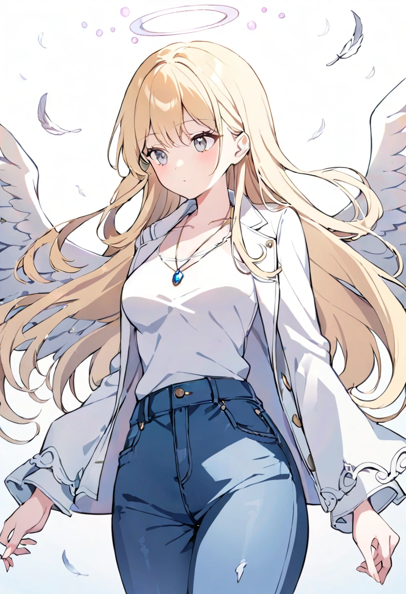 1 girl, Medium breasts, Blonde Hair, Long hair, curls, Gray eyes, White feather wings, Angel, outdoor, white jacket, Necklace, Vest, jeans