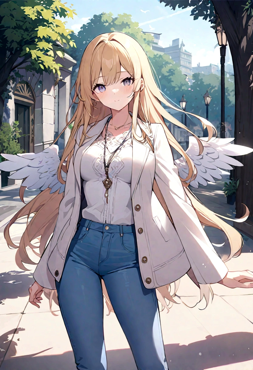 1 girl, Medium breasts, Blonde Hair, Long hair, curls, Gray eyes, White feather wings, Angel, outdoor, white jacket, Necklace, Vest, jeans